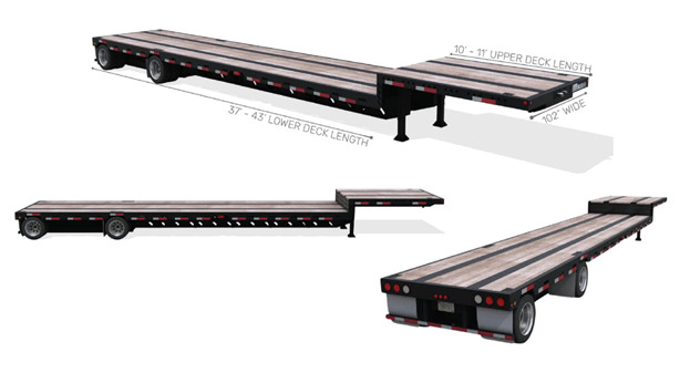 Step deck trailer diagram showing three views with dimensions: 37–43 ft lower deck, 10–11 ft upper deck, 102 in wide
