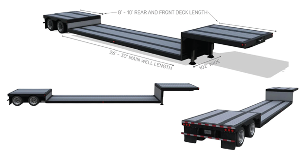 Double drop trailer diagram showing three views with dimensions: 26–30 ft main well, 8–10 ft front and rear deck, 102 in wide