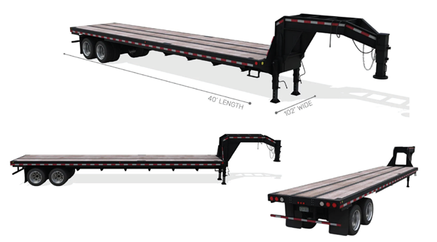 Hot shot trailer diagram showing three views with dimensions: 40 ft length, 102 in wide