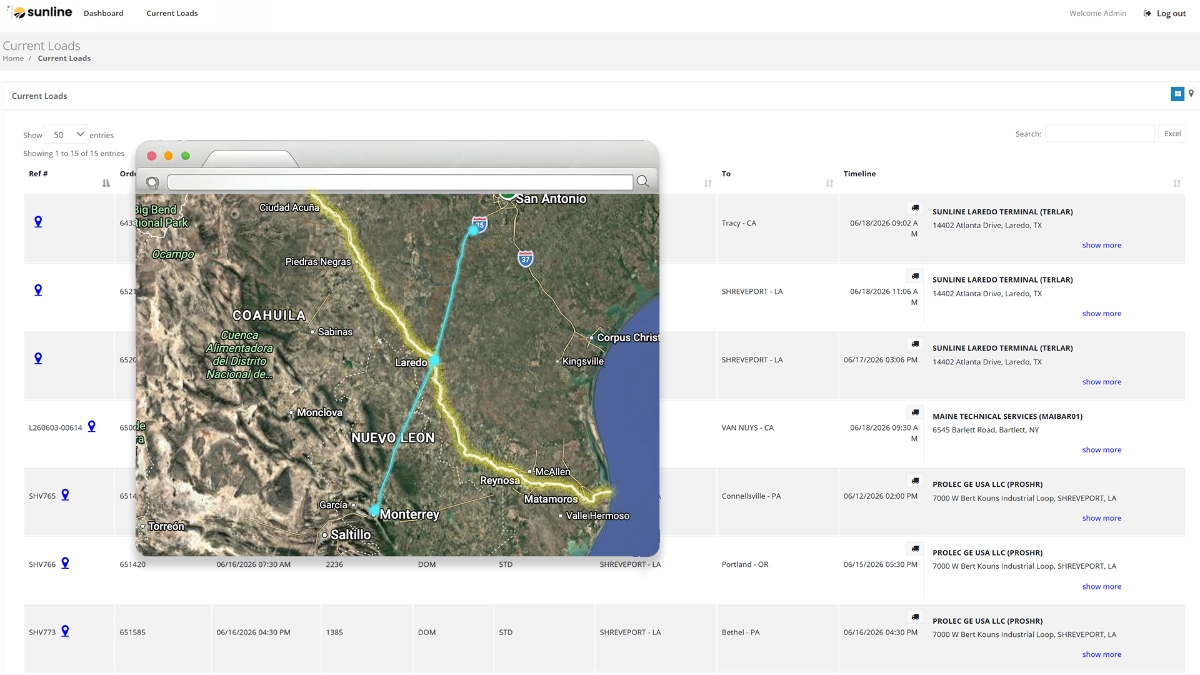 Sunline Customer Portal dashboard open on desktop screen with map dialog overlaying it